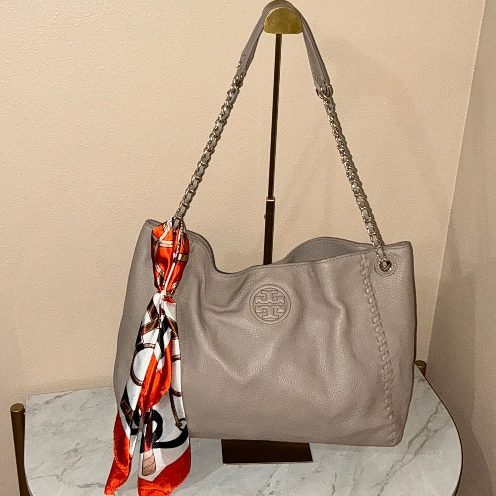 Tory Burch Marion Slouchy Pebble Leather Bag with Chain Straps & Bag Scarf